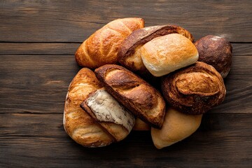 golden-brown assorted bread and pastries artfully arranged on rustic wooden surface with ample copy space