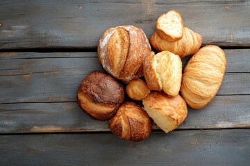 golden-brown assorted bread and pastries artfully arranged on rustic wooden surface with ample copy space