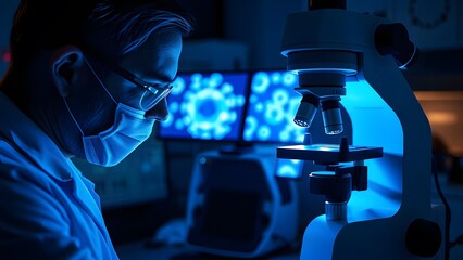 Scientist using microscope in modern laboratory with blue lighting, conducting scientific research and analysis  
