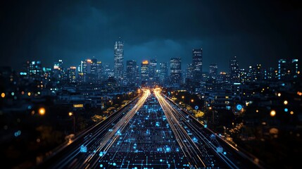 Fototapeta premium Night Cityscape: Futuristic Highway and Skyline