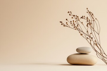 Calm, minimalist zen aesthetic with stones and dried plant