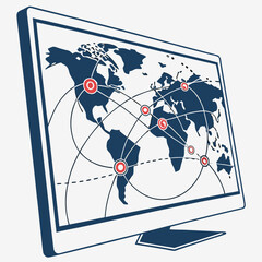 Communication network map, globe international connection of the world, monitor screen in perspective