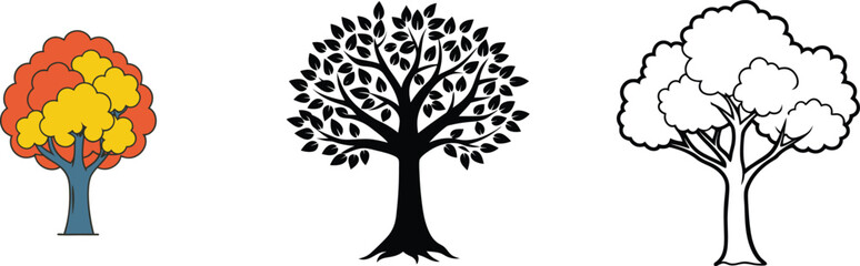 Fototapeta premium Three Tree Illustrations Autumn, Silhouette, Outline Drawings