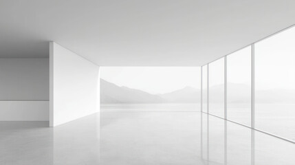 Obraz premium A minimalistic, modern interior with large floor to ceiling windows showcasing serene mountain view. space is bright, open, and filled with natural
