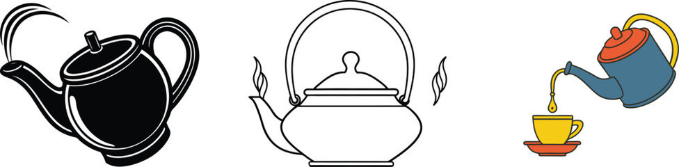 Teapots, Kettle, Teacup, Beverage, Hot Drink, Tea Brewing, Outline, Black, Illustration