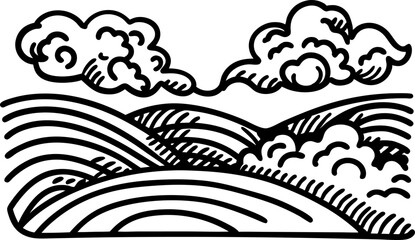 black and white landscape rolling hills and clouds in bold linear design, simplified nature art