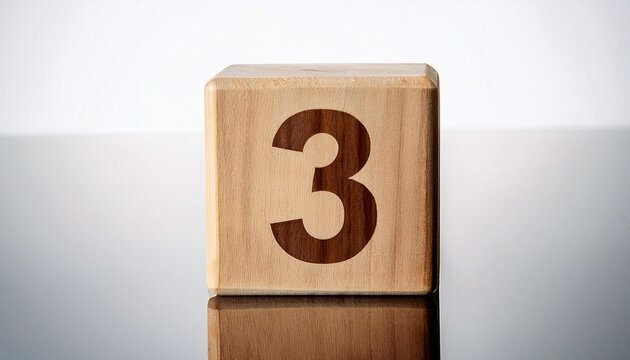 Minimalist photo of a wooden block with the number 3 against a white background