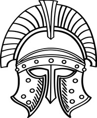 ancient roman helmet illustration with decorative crest and metalwork details