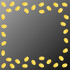 Flying gold coins. Golden money frame. Vector illustration.