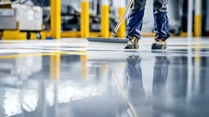 A worker cleaning polished industrial floor with mop, reflecting surrounding environment. scene emphasizes cleanliness and maintenance professional