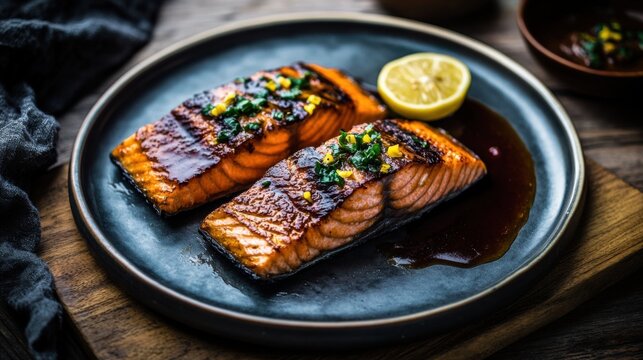 Grilled salmon fillets with lemon and herb garnish on ceramic plate
