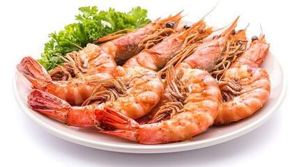 Cooked prawns on a plate.  Fresh, flavorful, and delicious.  Served with garnish