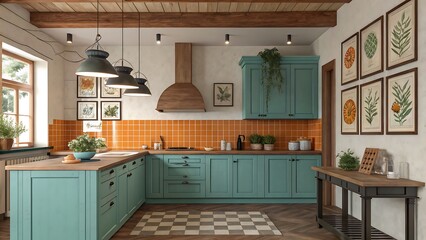 Fototapeta premium A rustic farmhouse-inspired kitchen with turquoise cabinets, an orange-tiled backsplash, vintage pendant lamps, and framed botanical illustrations adding a splash of natural color