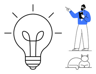 Large glowing lightbulb beside a man with clipboard gesturing and calm seated cat. Ideal for creativity, innovation, leadership, productivity, relaxation, brainstorming, focus. Flat simple metaphor