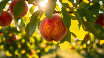 Ripe peach hanging on tree branch in sunlit orchard with fresh green leaves during summer harvest.  