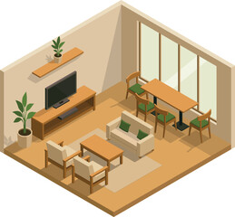 Isometric minimalist living room with TV and dining area