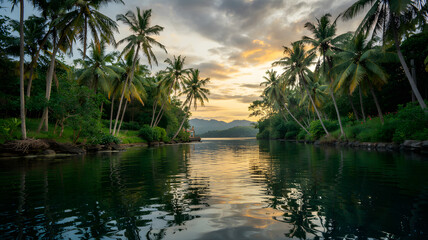 Obraz premium Tropical palm trees reflect sunset hues on the beach's calm water