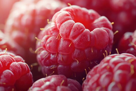 Close-up of fresh raspberries with dewdrops in sunlight
