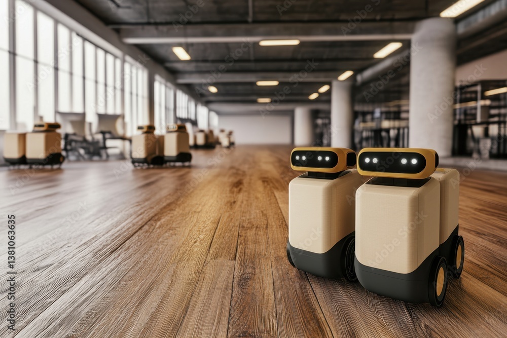 Poster robots autonomously navigate a modern office space during daylight hours
