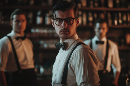 Three bartenders wearing suspenders and bow ties stand in a vintage bar, giving the place a retro, twenties atmosphere