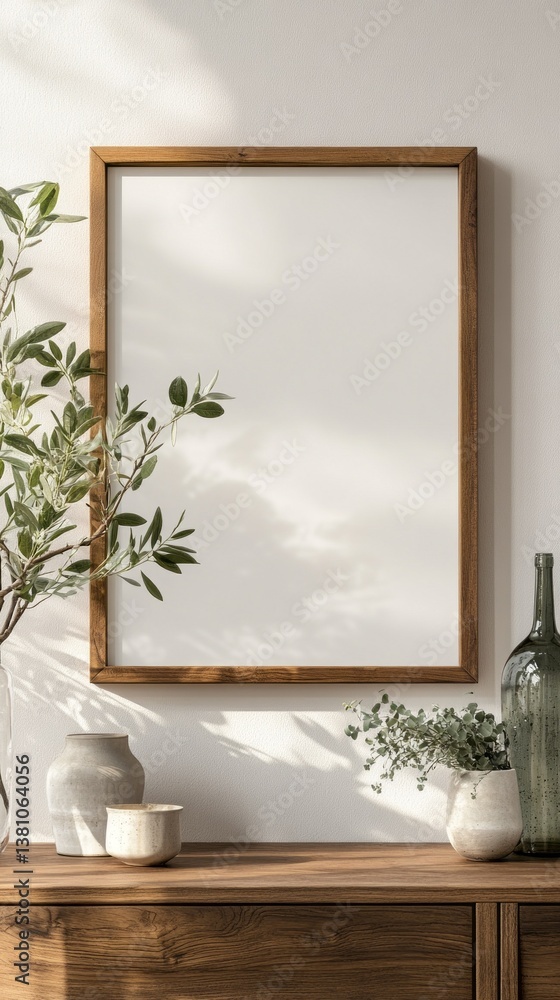 Poster a wooden frame sits empty against a softly lit wall, surrounded by lush greenery and elegant glass v