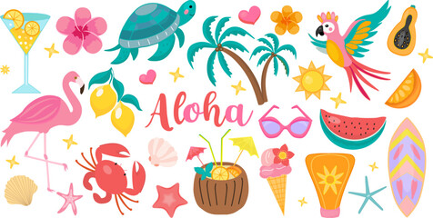 Tropical summer vector set with juicy hand-drawn illustrations. Includes beach accessories, cocktails, fruits, flamingo, crab, palm trees, sunscreen, and surfboard. Perfect packaging, stickers.