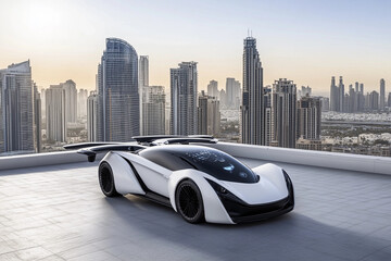 Naklejka premium Flying car prepares for landing on futuristic rooftop during sunset in a bustling metropolis