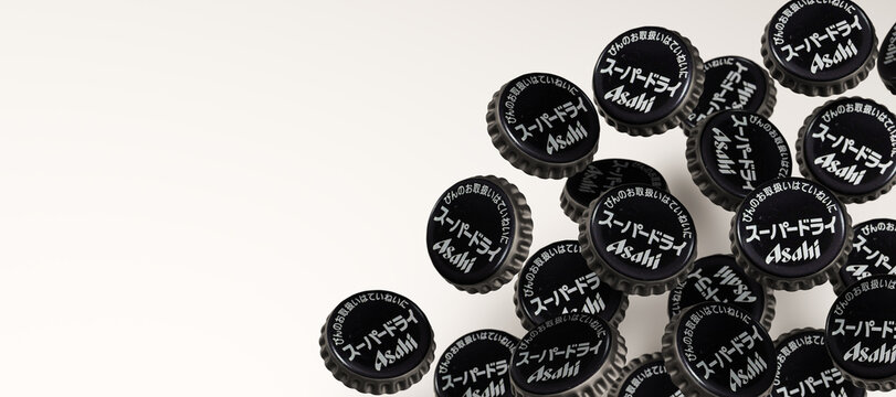 Guilherand-Granges, France - April 03, 2025. Asahi Beer: Japanese brewer known for Asahi Super Dry, a crisp, dry lager. 3d render.