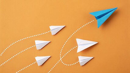 vector illustration of origami paper plane blue paper, airplane leading a group of white paper airplanes.