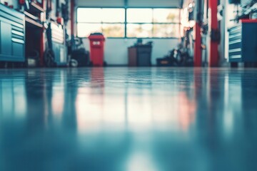 Fototapeta premium Industrial Workshop Interior with Clean Floor and Tools in Background
