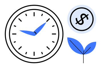 Clock with moving hands, dollar sign in a circle, and sprouting plant symbolizing time, money, and growth. Ideal for productivity, finance, savings, environment sustainability business
