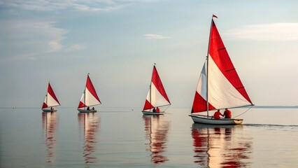 Four sailboats with red sails on a calm lake, showcasing a peaceful sailing scene.
