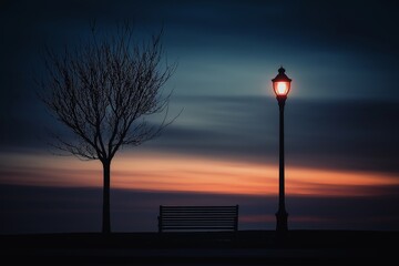 A solitary park bench beside a lamp illuminating the calm dusk, inviting contemplation in a tranquil setting.