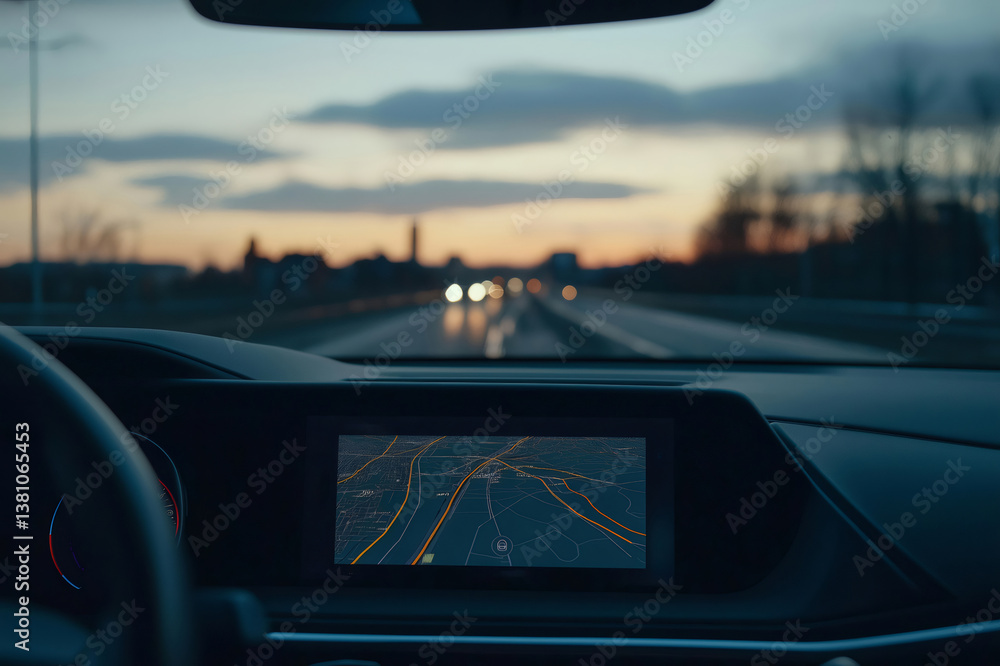 Poster modern car equipped with a navigation system on the dashboard, driving along the highway as the sun 