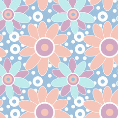 Pastel Stylized Floral Pattern with Dots on Blue Background