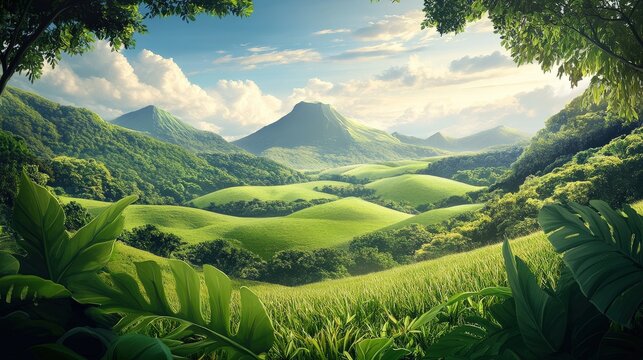 This serene landscape captures the breathtaking view of rolling green hills and majestic mountains, evoking a sense of tranquility and appreciation for nature's beauty.