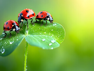 Obraz premium Ladybugs Resting on Dewy Clover Leaves in a Green Natural Setting