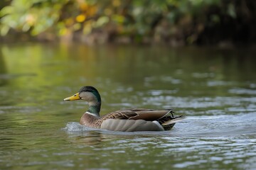 Obraz premium A serene duck gliding across a calm body of water, reflecting tranquility and the beauty of nature.