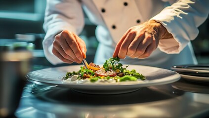 Chef plating exquisite dish in luxury restaurant kitchen