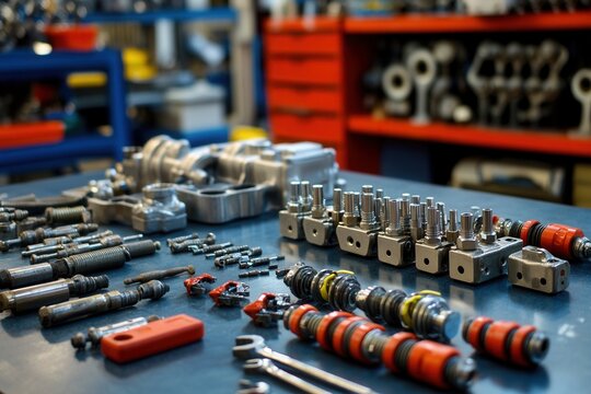 Industrial Workshop Tools and Components on a Workbench Surface