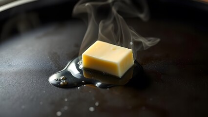 Melting butter cube sizzling and steaming in a hot black pan, close-up in kitchen setting.  