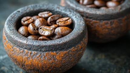 Roasted Coffee Beans in Rustic Bowls: A Close-Up of Dark Brown Beans