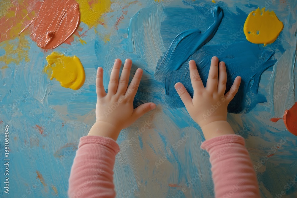 Poster child's hands exploring different colors on a canvas, stimulating creativity and learning through pl