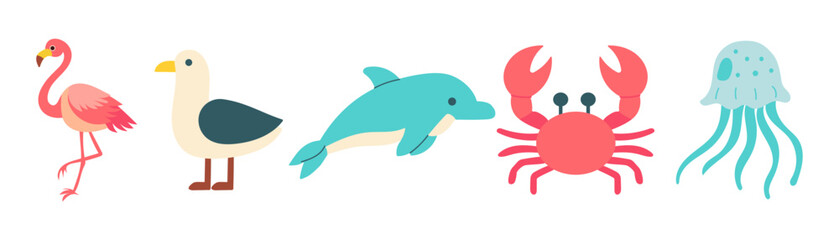 A row of sea creatures including a dolphin, a crab, a jellyfish, a seagull, and a flamingo