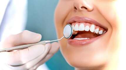 Fototapeta premium Dentist provides a mirror to a patient during a dental check-up in a modern clinic