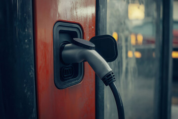 Close up of an electric car charging plug connected to a charging station, providing sustainable and eco friendly transportation