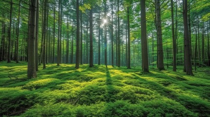 Obraz premium Sunlight in the Forest: Dappled Shadows Play Across Dense Canopy, Nature's Light Show in the woodland