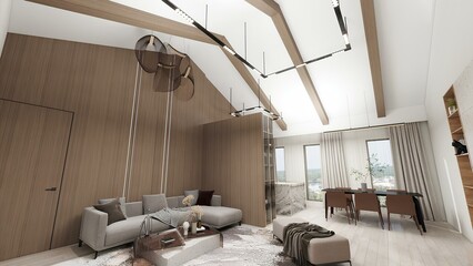 A modern, minimalist living space featuring wooden accents, a vaulted ceiling with exposed beams, contemporary lighting, and an open-plan layout integrating dining and lounge areas