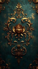 Intricate Gold Floral Design with Scrollwork on Textured Teal Background