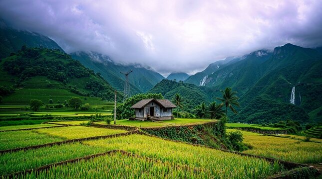 Typical Konkani home amidst paddy fields, mountains & waterfall during monsoon season in coastal Maharashtra. Image created through AI.